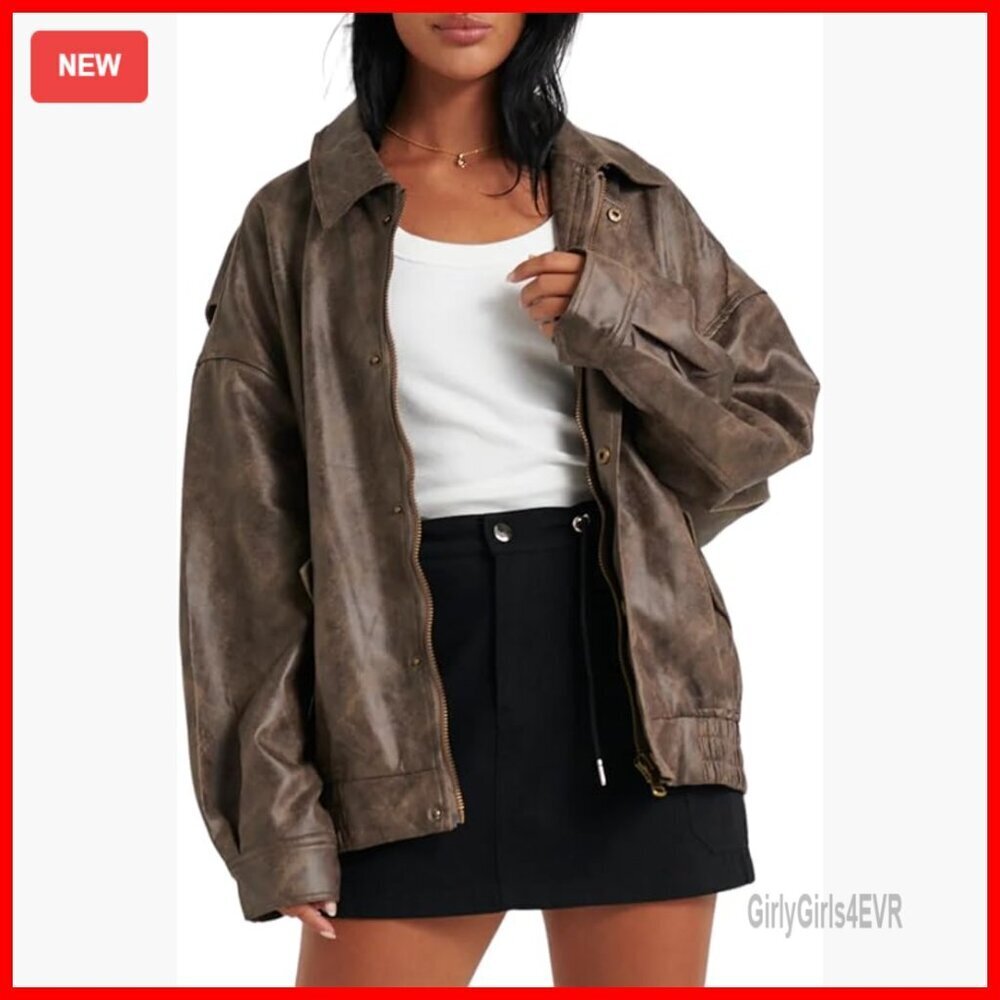 Faux Leather Bomber Jacket Zip Up Fitted Slim Coat Women's Size
